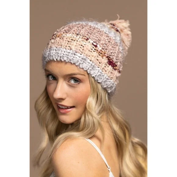 Blush Cozy Knitted Striped Pompom Winter Knit Beanie Women's Hat Casual Gift