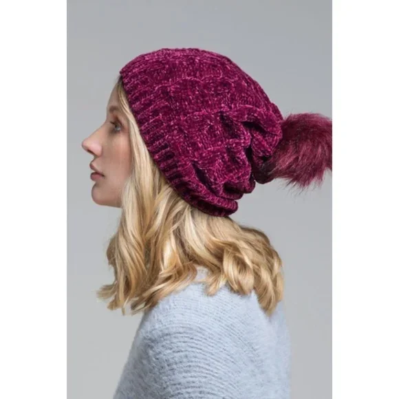 Burgundy Luxury Chenille Cable Knit Faux Fur Pom Pom Winter Beanie Womens Hat