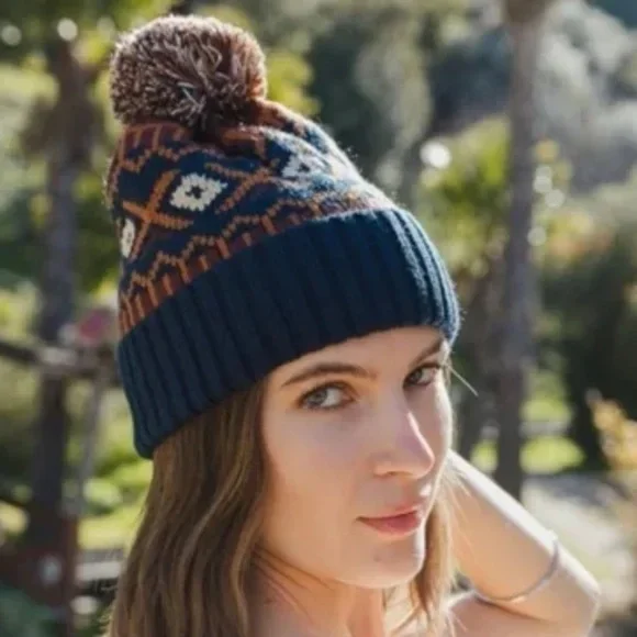 Camel & Blue Aztec Tribal Bohemian Knit Winter Cozy Pom Beanie Hat