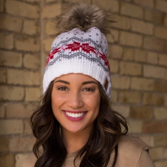 White Gray Red Snowflake Fleece Lined Knit Faux Fur Pompom Beanie Winter Womens Hat