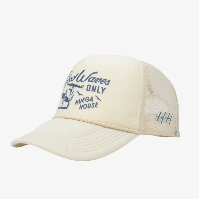 Huega House 'Good Waves' Mesh Trucker Snapback Hat Cream / Navy Blue