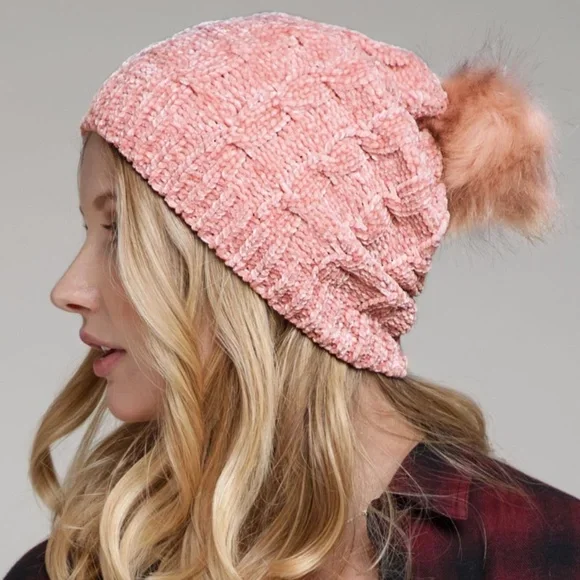 Blush Pink Luxury Chenille Cable Knit Faux Fur Pom Pom Winter Beanie Womens Hat