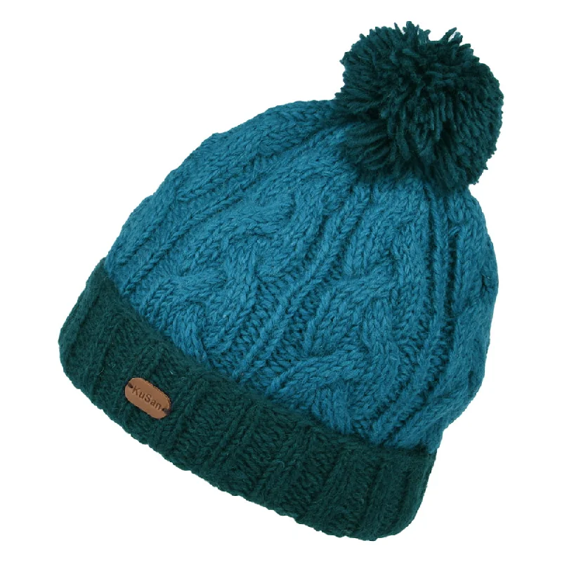 Kusan 2-Tone Cable Knit Turn Up Bobble Hat - Blue