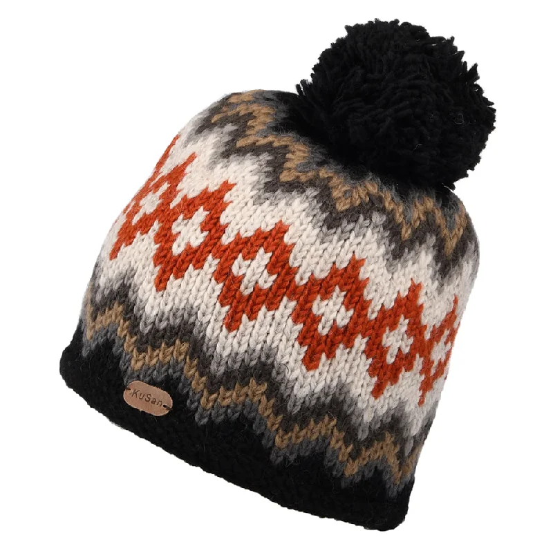 Kusan Diamond Fair Isle Bobble Hat - Grey-Multi