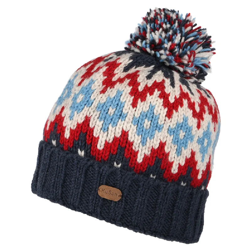 Kusan Diamond Turn Up Bobble Hat - Navy-Red-Cream