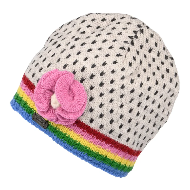 Kusan Fine Gauge Brooklyn Flower Beanie Hat - White-Multi