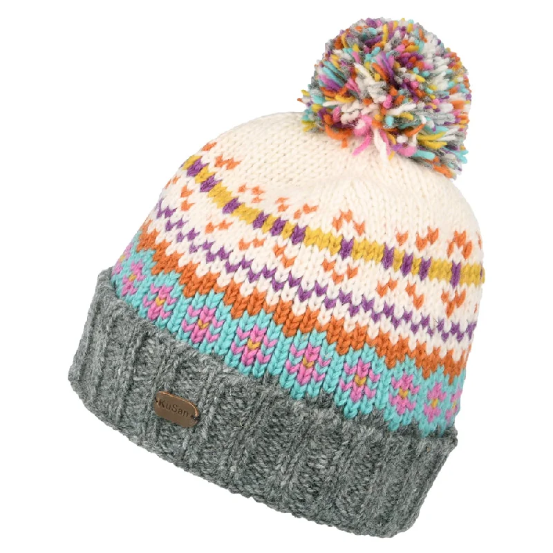 Kusan Mosaic Fair Isle Bobble Hat - Cream-Grey