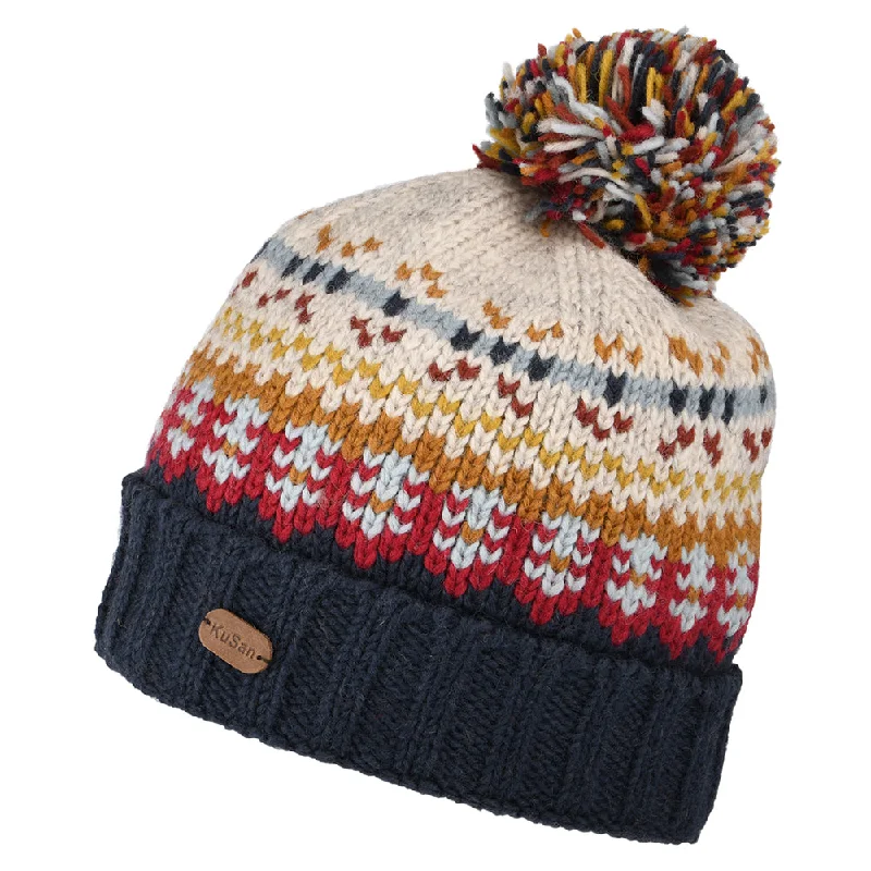 Kusan Mosaic Fair Isle Bobble Hat - Navy-Red-Cream