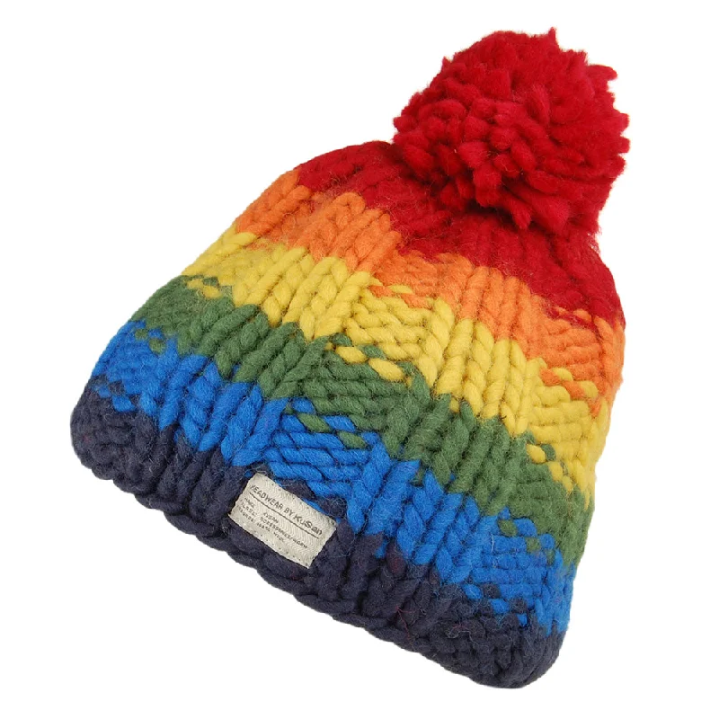 Kusan Rainbow Moss Stitch Yarn Bobble Hat - Multi-Coloured