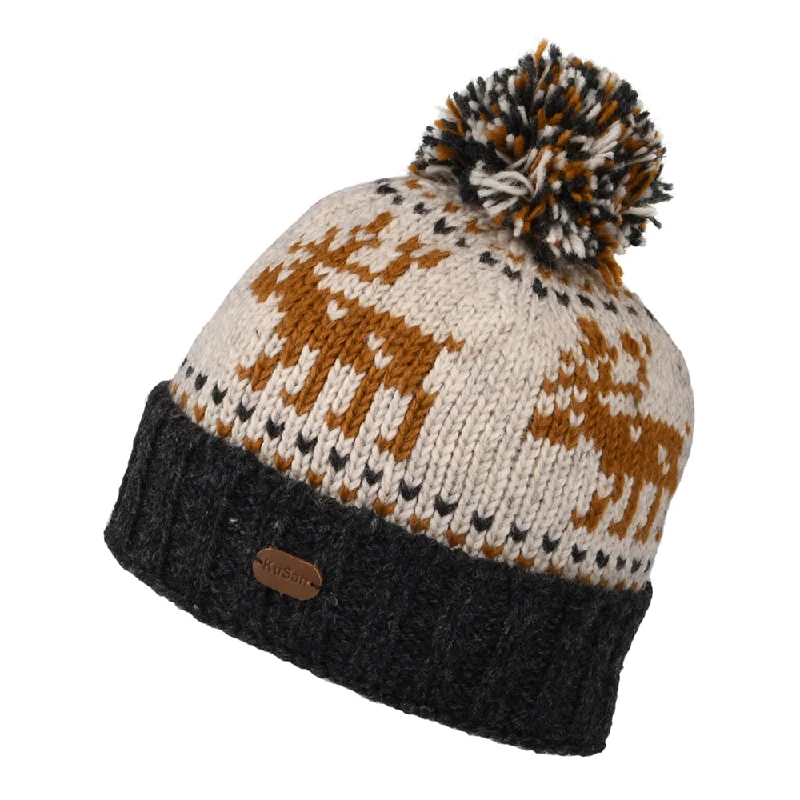 Kusan Reindeer Turn Up Bobble Hat - Caramel-Cream