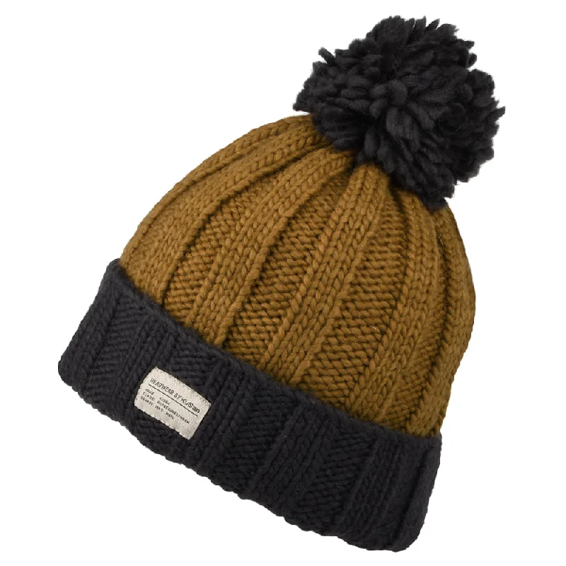 Kusan Ribbed Turn Up Bobble Hat - Grey-Tan