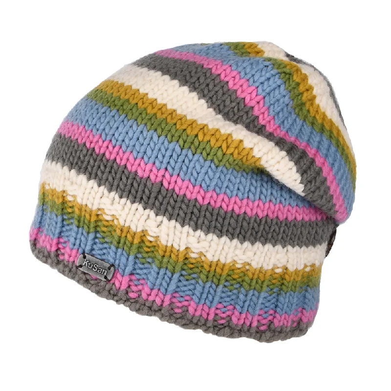 Kusan Striped Button Down Beanie Hat - Light Blue-Pink-Cream