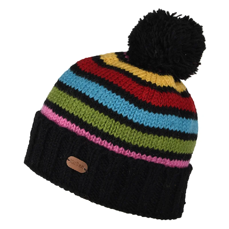 Kusan Striped Turn Up Bobble Hat - Grey-Pink-Blue