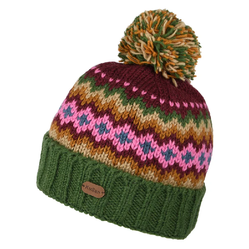 Kusan Turn Up Bobble Hat - Green-Purple-Mustard