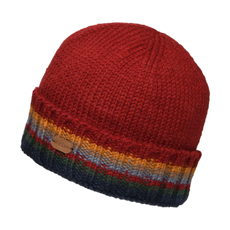 Kusan Turn Up Cuff Knit Beanie Hat - Red