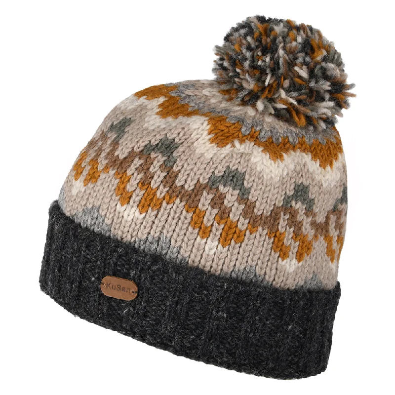 Kusan Wave Turn Up Bobble Hat - Charcoal-Grey-Mustard