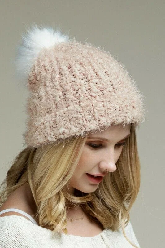 Light Pink Eyelash Knit Beanie Foldover Band Faux Fur Pom Pom Womens Winter Hat