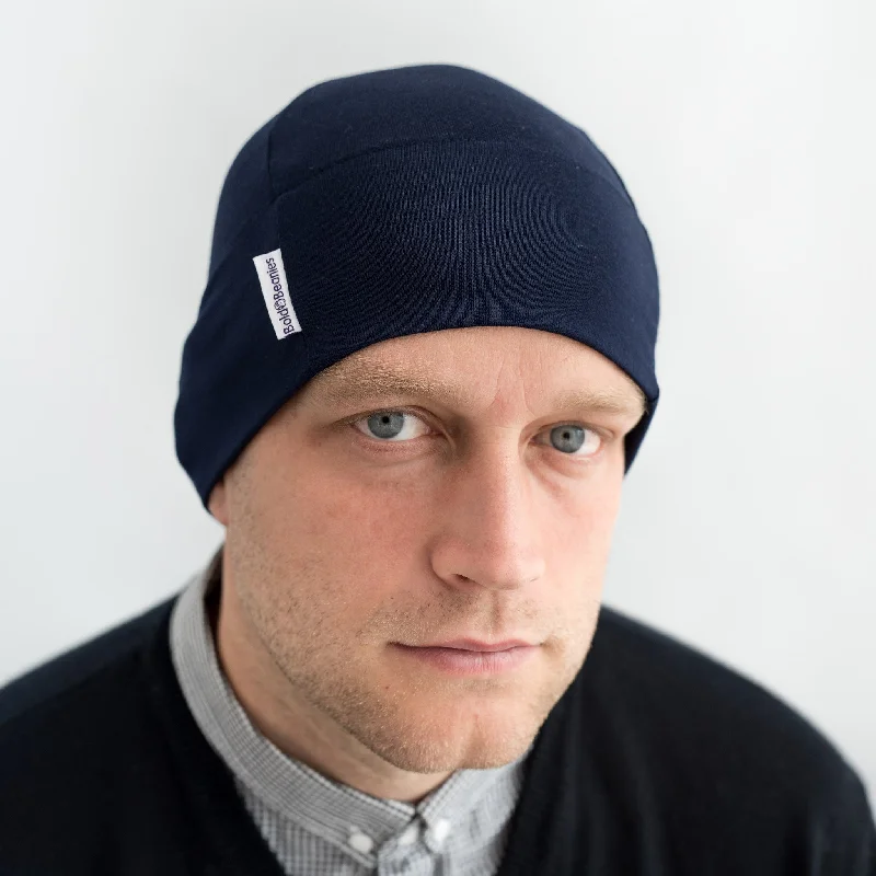 Navy Mens Plain Cancer Beanie Hat