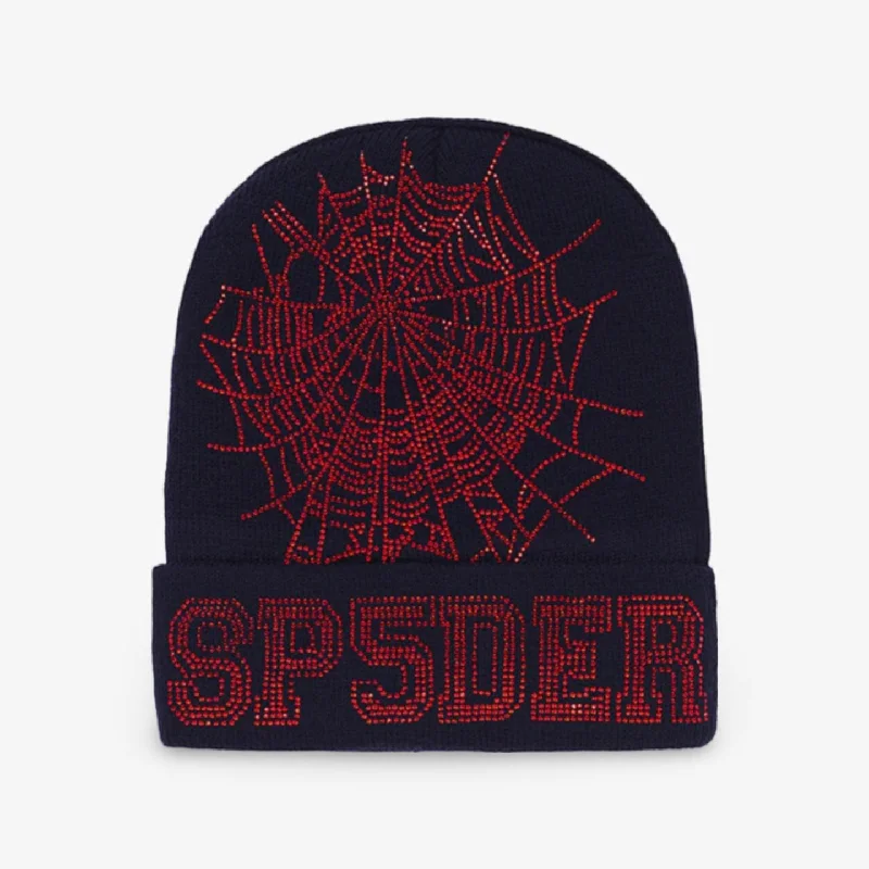 Sp5der 'Web' Rhinestone Beanie Navy / Red (SS24) U12BN002WBNR-OS