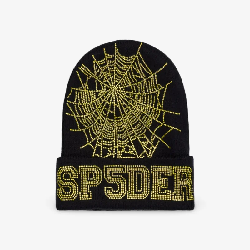 Sp5der 'Web' Rhinestone Beanie Onyx / Yellow (SS24) U12BN002WBBY